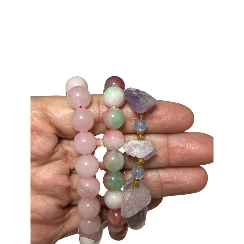 3 Bracelets Natural Crystal Rose Quartz Purple Chalcedony Watermelon Tourmaline